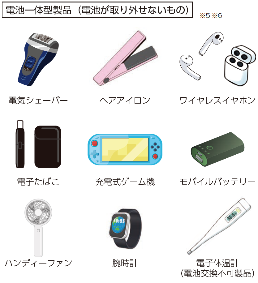 電池一体型製品(電池が取り外せないもの)電気シェーバー、ヘアサロン、ワイヤレスイヤホン、電子たばこ、充電式ゲーム機、モバイルバッテリー、ハンディーファン、腕時計、電子体温計(電池交換不可製品)