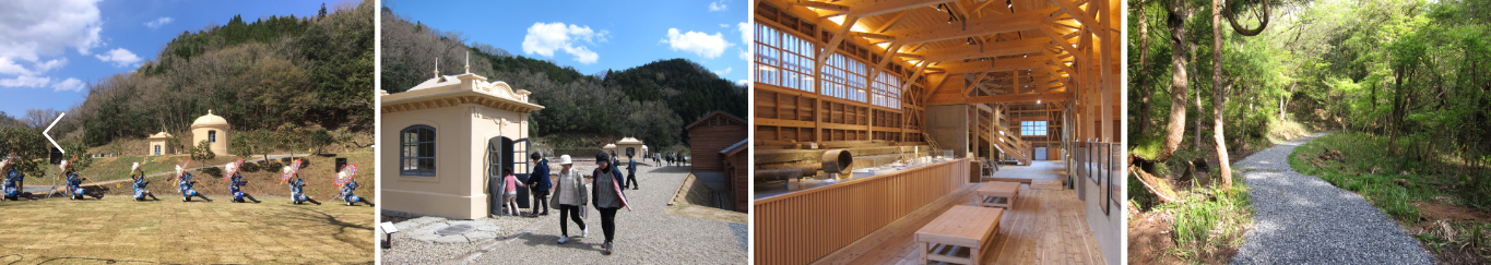 (左)芝生広場(1,000平方メートル) (中央左)濾過施設 (中央右)ガイダンス展示施設 (右)貯水池周遊路(2キロメートル)の画像