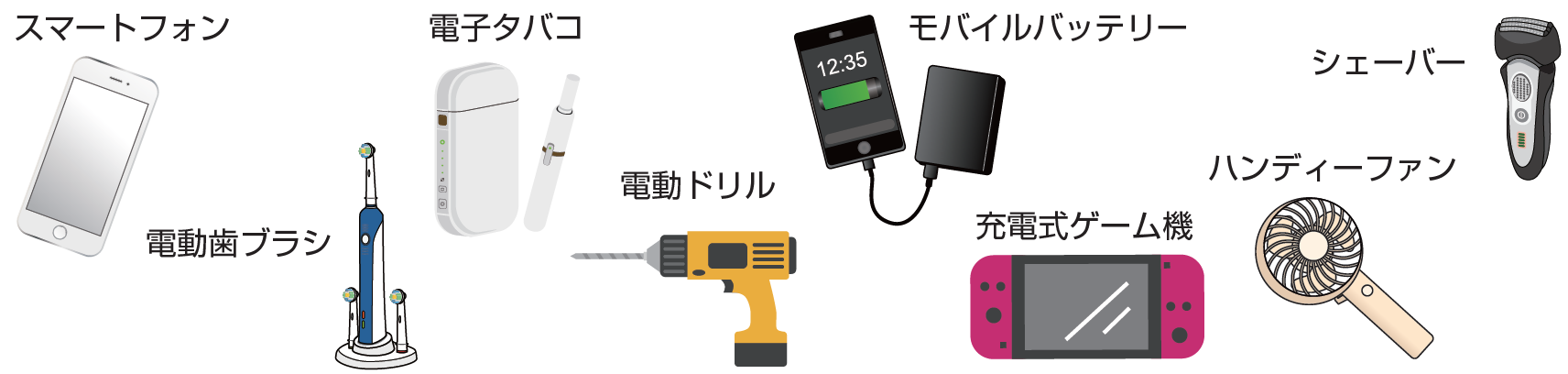 スマートフォン、電動歯ブラシ、電子タバコ、電動ドリル、モバイルバッテリー、充電式ゲーム機、ジェーバー、ハンディーファン