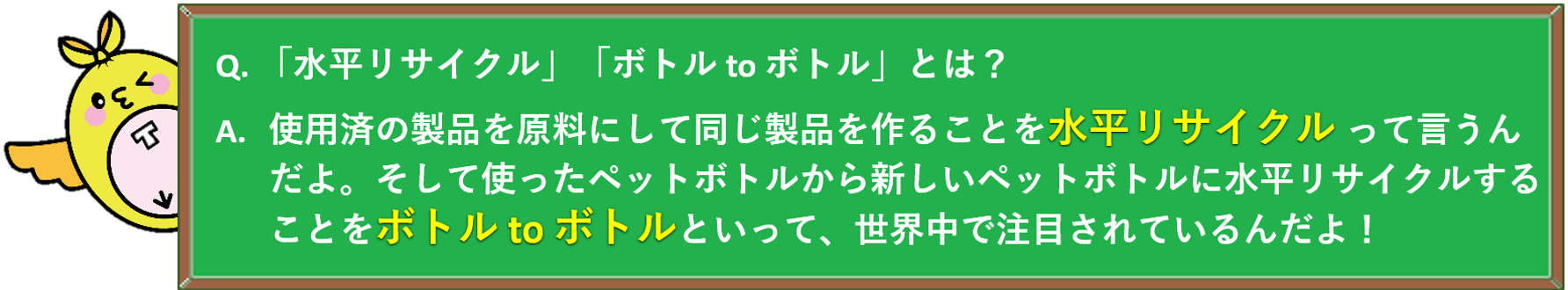 「水平リサイクル」「ボトル　トゥ　ボトル」とは？使用済みの製品を原料にして同じ製品を作ることを水平リサイクルっていうんだよ。そして使ったペットボトルから新しいペットボトルに水平リサイクルすることをボトル　トゥ　ボトルといって、世界中で注目されているんだよ！